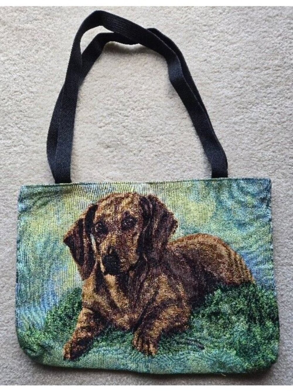 Linda Picken Brown Dachshund Signed Tapestry Tote Green Background - Picture 2 of 5